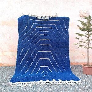 Handmade Moroccan Blue and White Rug – Authentic Beni Ourain Wool Carpet – Large Area Boho Rug