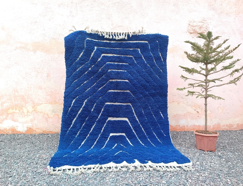 Handmade Moroccan Blue and White Rug – Authentic Beni Ourain Wool Carpet – Large Area Boho Rug