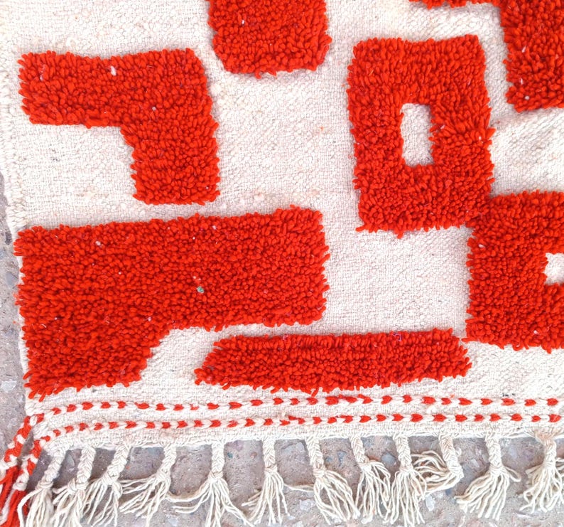orange moroccan rug, handmade geometric wool carpet, modern boho floor rug, abstract wall decor, woven orange and ivory area rug, living room handmade mat, moroccan wool floor decor
