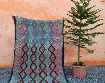Colorful runner Rug: Handmade Berber Geometric Cotton Carpet (4.9x3.2 ft)