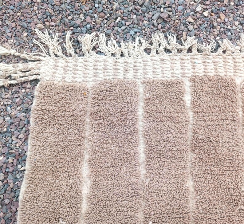 Boho Moroccan Rug – Handmade Brown Wool Carpet with Cream Geometric Design – Neutral Minimalist Area Rug