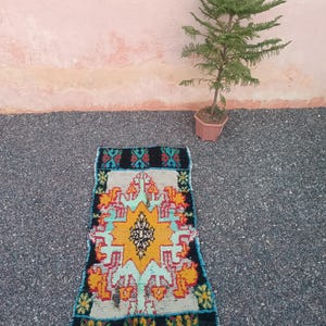 Vintage Moroccan Boucharouite Rug: Bohemian Art, Handwoven Wool & Cotton (6x2.7 ft