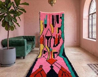Handmade Moroccan Pink Rug - Abstract Berber Area Runner - Custom Plush Colorful Carpet - Unique Boho Home Decor - Vibrant Tribal Wool Rugs