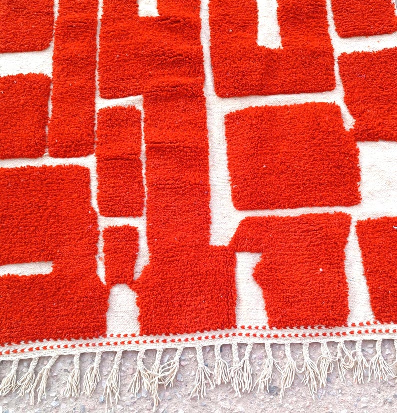 orange moroccan rug, handmade geometric wool carpet, modern boho floor rug, abstract wall decor, woven orange and ivory area rug, living room handmade mat, moroccan wool floor decor