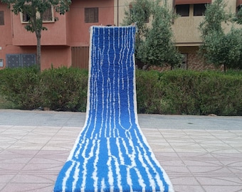 Deep Blue Moroccan Wool Runner Rug with Geometric Pattern , Fringe – Handmade Boho Hallway Decor
