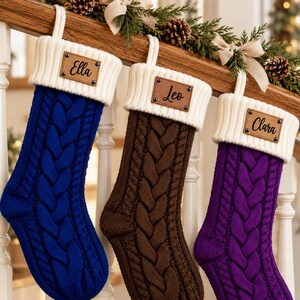 Vintage Purple Brown & Royal Blue Leather Patch Stockings, Large Cable Knit Family Stockings With Name, Rustic Vintage Holiday Decor