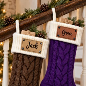 Vintage Brown & Purple Blue Leather Patch Stockings, Large Cable Knit Family Stockings With Name, Rustic Vintage Holiday Decor