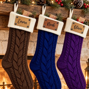 Vintage Purple Brown & Royal Blue Leather Patch Stockings, Large Cable Knit Family Stockings With Name, Rustic Vintage Holiday Decor