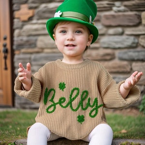 Lucky Charm Baby Sweater, Four Leaf Clover Baby Gifts, Green Shamrock New Born Gifts, St Patrick&#39;s Day Baby Gifts, Knitted Baby Sweater