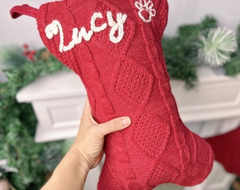 リネン製キツネ刺繍クリスマスストッキング 名前入り刺繍クリスマスストッキング、トナカイストッキング、犬の骨型