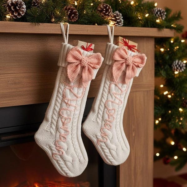 Pink Bow Personalized Christmas Stocking,Hand-Embroidered Holiday Stocking,Stocking Stuffer with Custom Name,Family Stocking Stuffer Gift