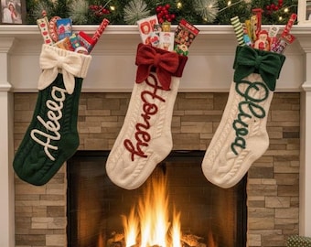 Cute Bow Personalized Christmas Stocking,Hand-Embroidered Holiday Stocking,Stocking Stuffer with Custom Name,Family Stocking Stuffer Gift