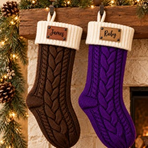 Vintage Brown & Purple Blue Leather Patch Stockings, Large Cable Knit Family Stockings With Name, Rustic Vintage Holiday Decor
