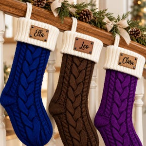 Vintage Purple Brown & Royal Blue Leather Patch Stockings, Large Cable Knit Family Stockings With Name, Rustic Vintage Holiday Decor
