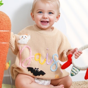 Happy Halloween Personalized Embroidered Name Baby Sweater, Custom Baby Name Sweater, Gift For Baby Girls Boy, Baby Girls Sweater With Name