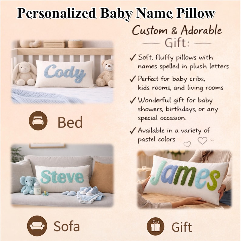 Personalized Baby Name Pillow, Punch Needle Name Pillow, Nursery Gift ...