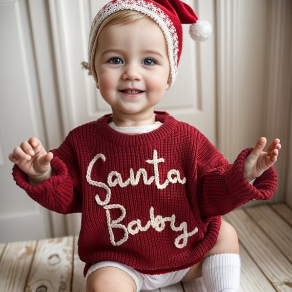 Hand Embroidered Christmas Santa Baby Sweater Hand Embroidered Baby Name Sweater Newborn Shower Gift baby First Birthday Gift Etsy