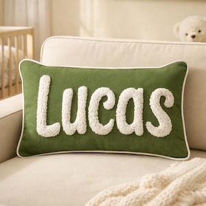 Personalized Baby Name Pillow with Piping, Custom Tufted Embroidery Pillow, Neutral Nursery Decor, Baby Shower Gift, Toddler Pillow