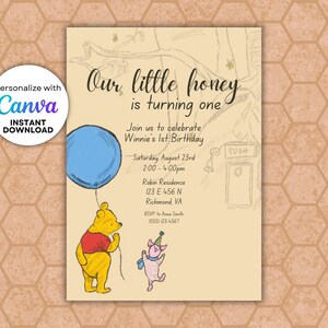 Editable Little Honey Birthday Party Invitation, Winnie-the-Pooh Birthday Party, Honey Bee Invitation, Child Birthday, Instant Download