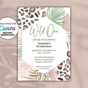 Editable Wild One Birthday Invitation, Jungle Animal Party Invitation, First Birthday Image, Safari Party Image, Invitation Download
