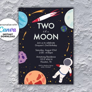 Editable Two the Moon Birthday Party Invitation, Space Birthday Party, Astronaut Party Invitation, Rocketship Birthday, Instant Download