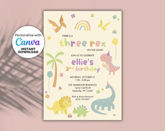 May include: A colorful dinosaur-themed birthday party invitation with a rainbow, palm tree, and dinosaurs. The text reads "There's a three rex on the loose! Join us to celebrate ellie's 3rd birthday. Saturday, October 31, 1:00-3:00 pm. The Hammond Residence, 1234 5 5678 W, Nashville, TN 12345. RSVP to Annie Hammond (555) 123-4567."