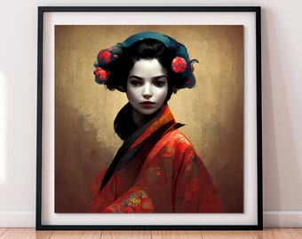 Beautiful Geisha Print, Geisha Portrait, AI Digital Art, Original Prints, Home Decor, Surreal Portrait, Print on Demand Poster