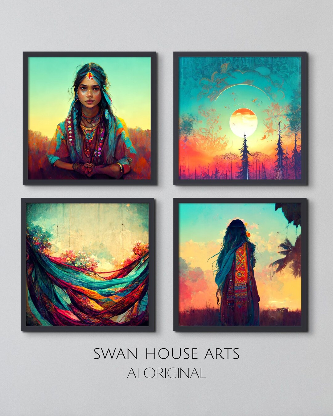 Boho Wall Art, Bohemian Set of 4, AI Digital Prints, Native Indian Wall