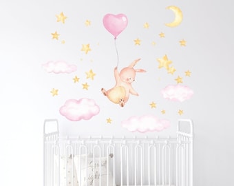 Hasen Sticker mit Luftballon, Wolken und Sternen, abnehmbare Sticker, Wanddeko, Kinderzimmer Deko, Tier Sticker, Mond Sticker, Himmel Deko