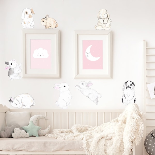 Cute Rabbits Stickers Small Set, Removable stickers, Wall decoration, Kids room decor, Animal stickers, Children room, Sweet rabbits decal