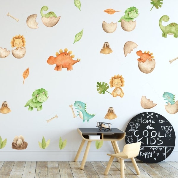 Dinosaurs Stickers, Removable stickers, Wall decoration, Kids room decor, Animal stickers, Children room decor, Leaves decal, Bones and Eggs
