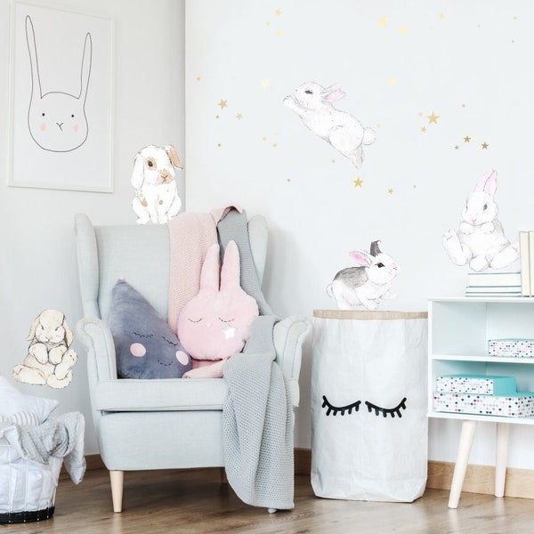 Cute Rabbits Stickers Large Set, Removable stickers, Wall decoration, Kids room decor, Animal stickers, Children room, Sweet rabbits decal