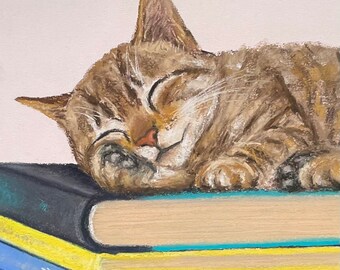 Cat Books Original Pastel Painting, Small Artwork