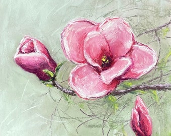 Magnolien Frühlingsblumen Original Pastell Malerei, Rosa Blumen Gemälde