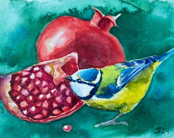 Granatapfel und Meise Original Wasserfarben Malerei, Stillleben Aquarell Kleines Kunstwerk