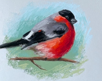 Pintura pastel original de Bird Bullfinch, pequeñas obras de arte