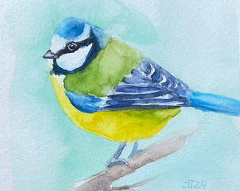 Vogel Blaumeise Original Wasserfarben Malerei, Meise Aquarell Kleines Kunstwerk