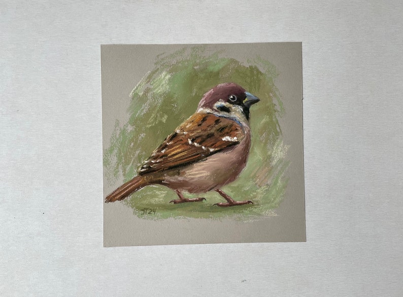 Vogel Spatz Original Pastell Malerei, Sperling Kleines Kunstwerk Bild 5