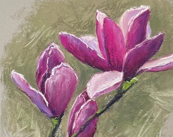 Magnolien Frühlingsblumen Original Pastell Malerei, Rosa Blumen Gemälde