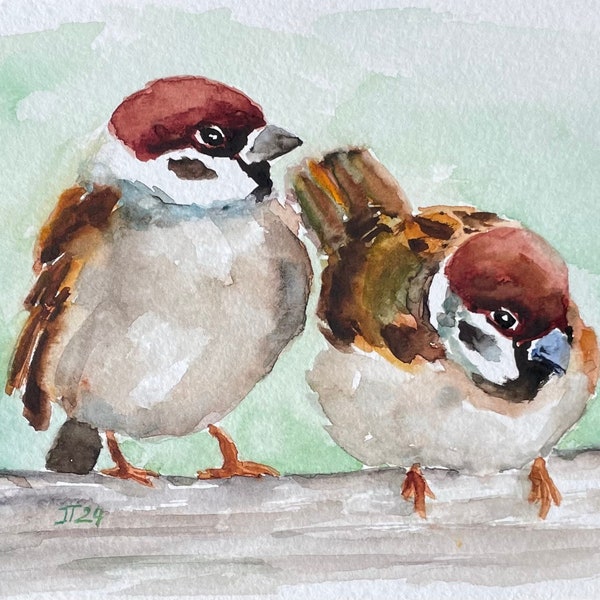 Spatz Original Wasserfarben Malerei, Sperling Aquarell Kleines Kunstwerk, Vogel Gemälde