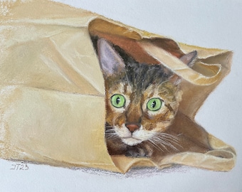 Katze Original Pastell Malerei, Kleines Kunstwerk