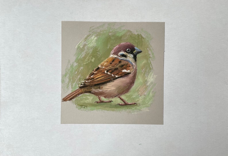 Vogel Spatz Original Pastell Malerei, Sperling Kleines Kunstwerk Bild 4