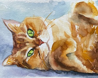 Red Cat Original Watercolor Painting, Watercolor Small Artwork