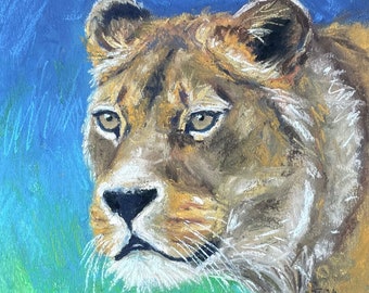 Peinture pastel originale de lionne, peinture de lion, petite œuvre d’art