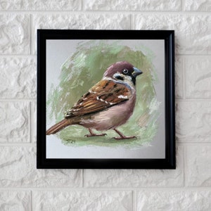 Vogel Spatz Original Pastell Malerei, Sperling Kleines Kunstwerk Bild 8