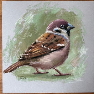 Vogel Spatz Original Pastell Malerei, Sperling Kleines Kunstwerk Bild 2