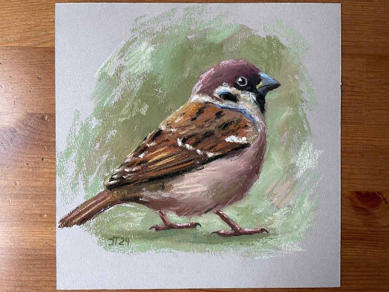 Vogel Spatz Original Pastell Malerei, Sperling Kleines Kunstwerk Bild 2