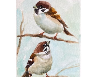 Spatz Original Wasserfarben Malerei, Sperling Aquarell Kleines Kunstwerk, Vogel Gemälde