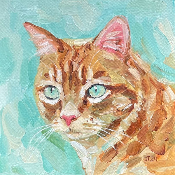 Red Cat Original Oil Painting, Cat Portrait Painting Small Artwork