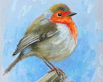 Robin Original Pastel Painting, Bird Painting, Small Artwork